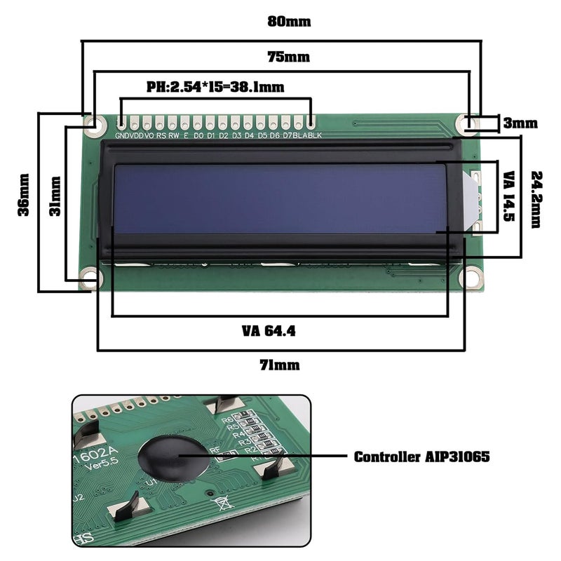 ECSiNG وحدة عرض LCD 1602 2PCS 16x2 تسلسلي خلفية زرقاء مع نص أبيض لوحة عرض DC 5V 80x36mm متوافقة مع A-rduino Raspberry Pi - Image 4